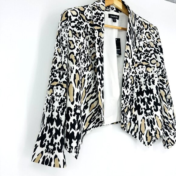 Bebe Safari Chic Neutral Leopard Print Cropped Shawl Collar Blazer Jacket Size S - Picture 5 of 9
